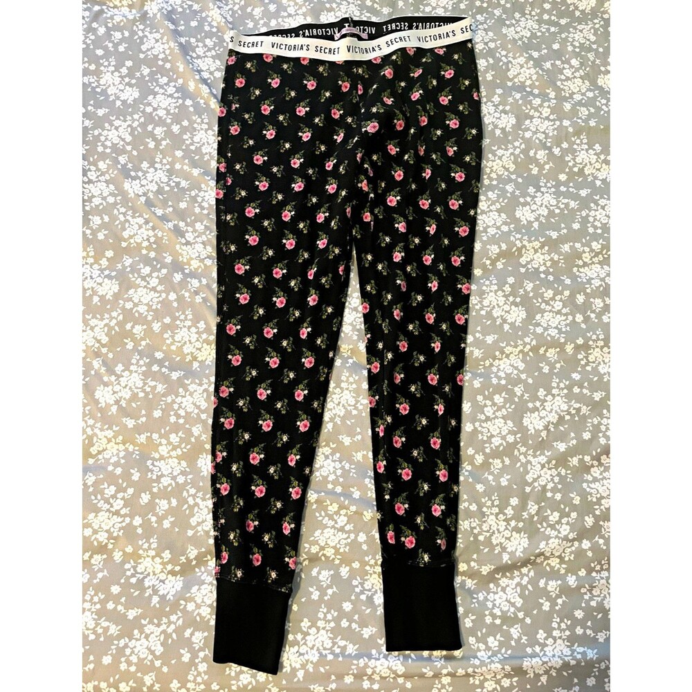 Victoria's Secret Women's Floral Pajama Pants Black/Pink Logo Waist M Cotton
